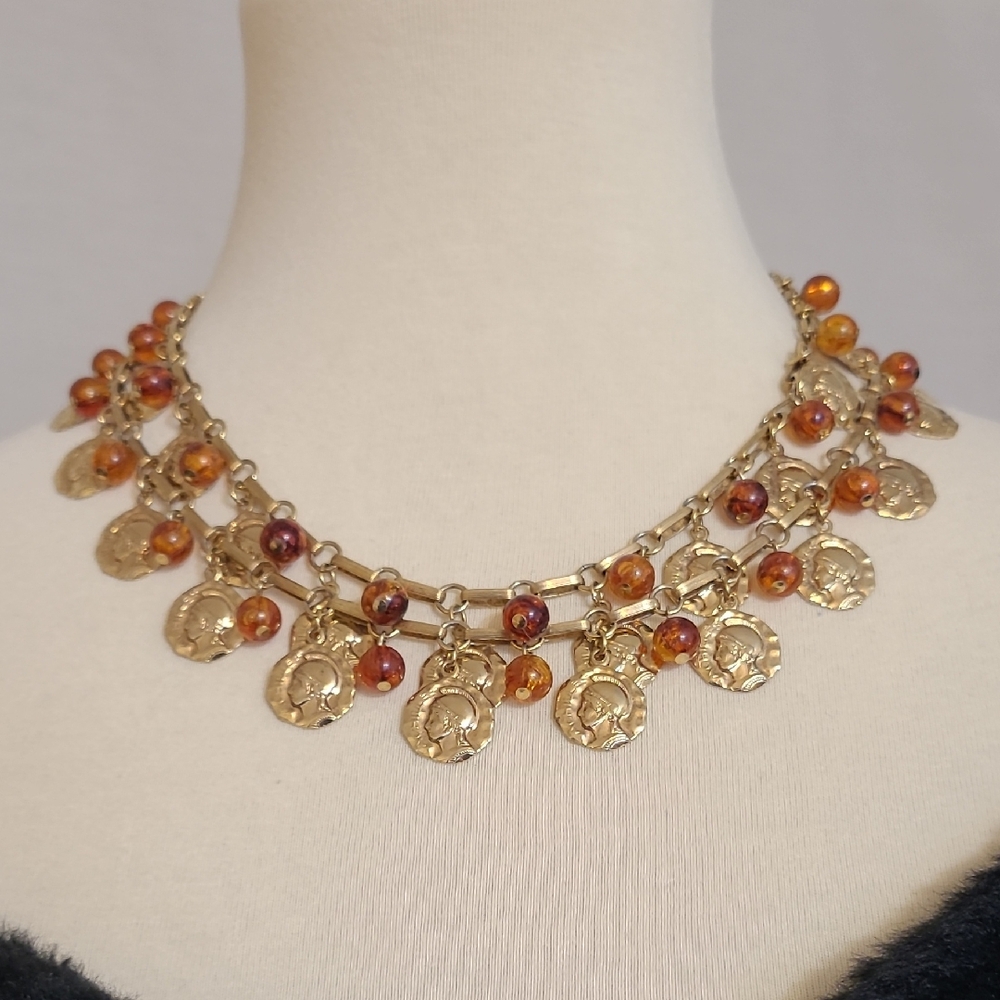 Elegant Vintage Double-strand Gold and Transulent Amber Beaded Coin Necklace